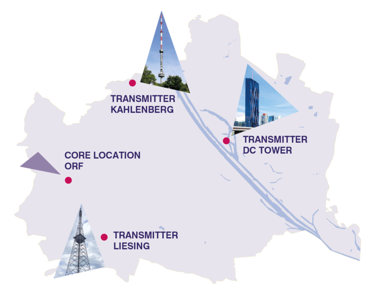 5G Broadcast testbed in Vienna Vienna map with transmitter masts