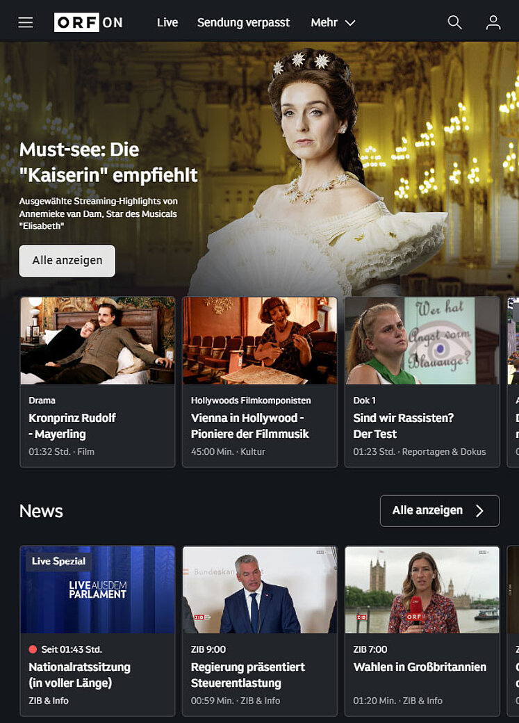 ORF ON start screen